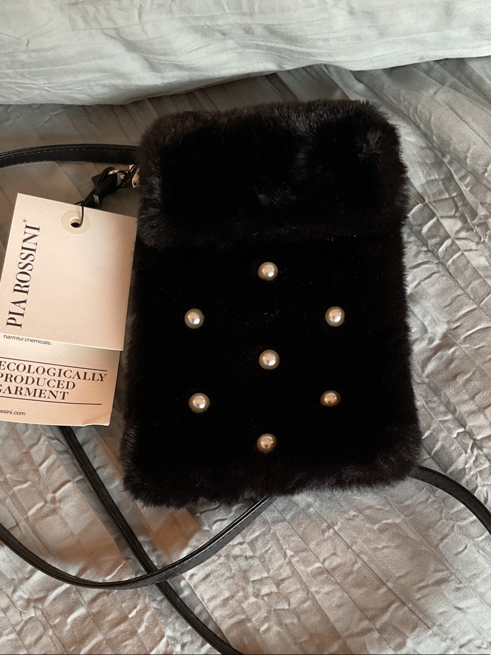 Pia Rossini Black Faux Fur Crossbody with Pearl Studs